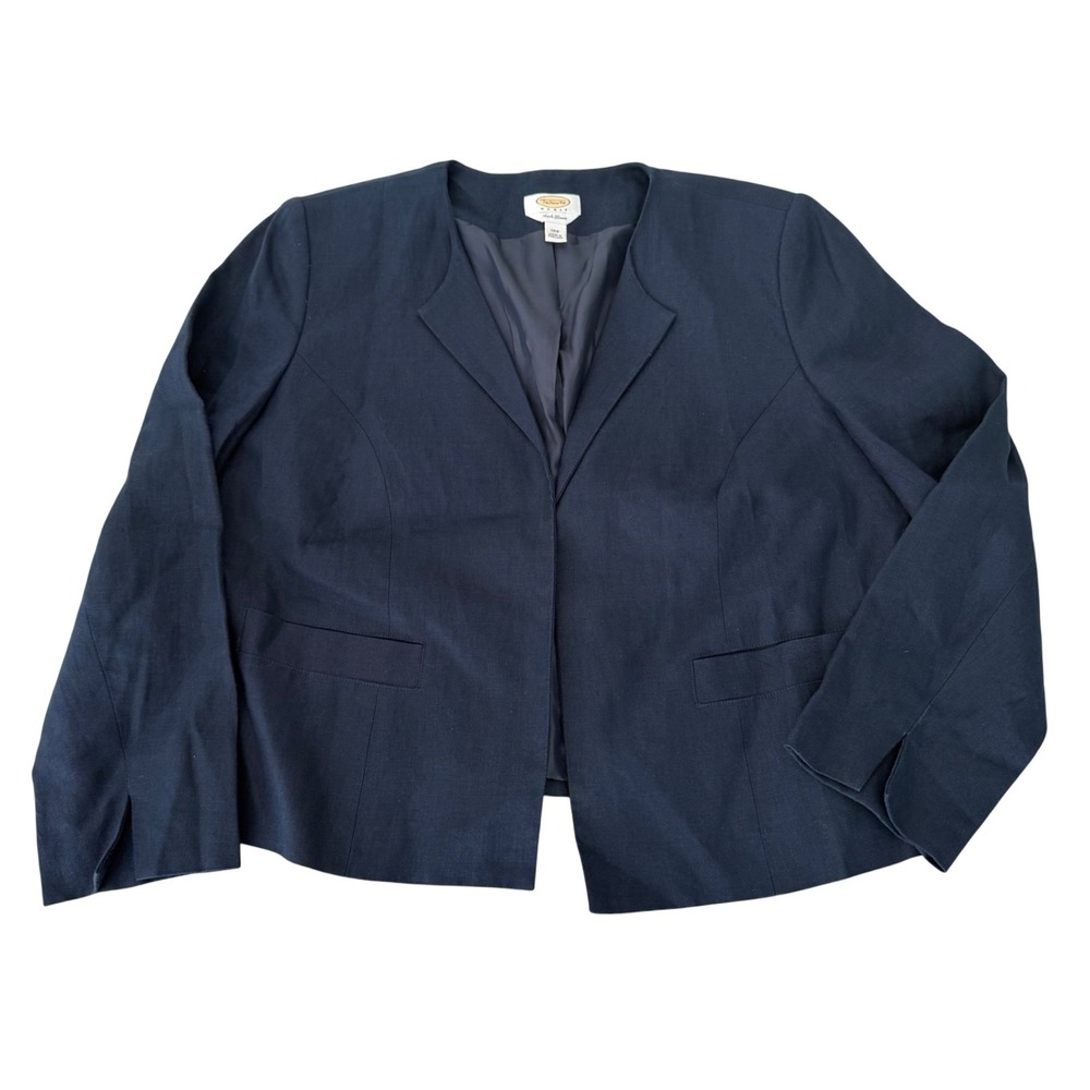 Vintage Talbots Woman Irish Linen Navy Blue Blazer Jacket Open Front Size 12W - Picture 1 of 10
